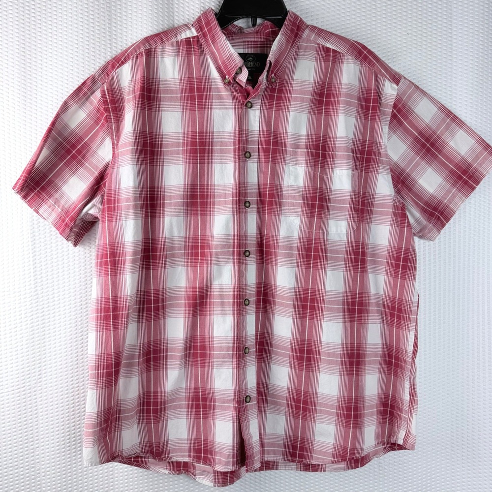 RedHead Mens XL Short Sleeve Plaid Button Down‎ Shirt Red White 100% Cotton